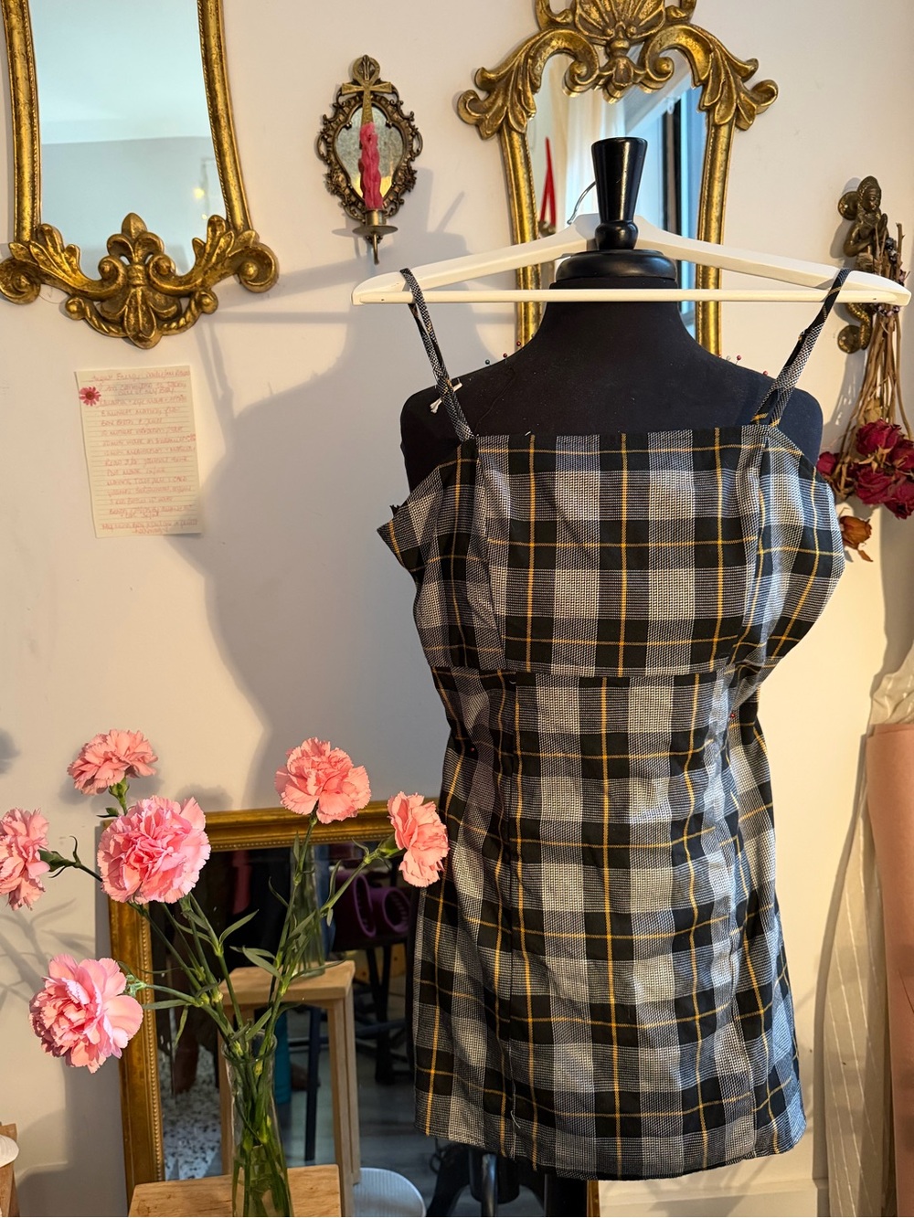 Plaid Square-Neck Mini Dress in Gray and Black